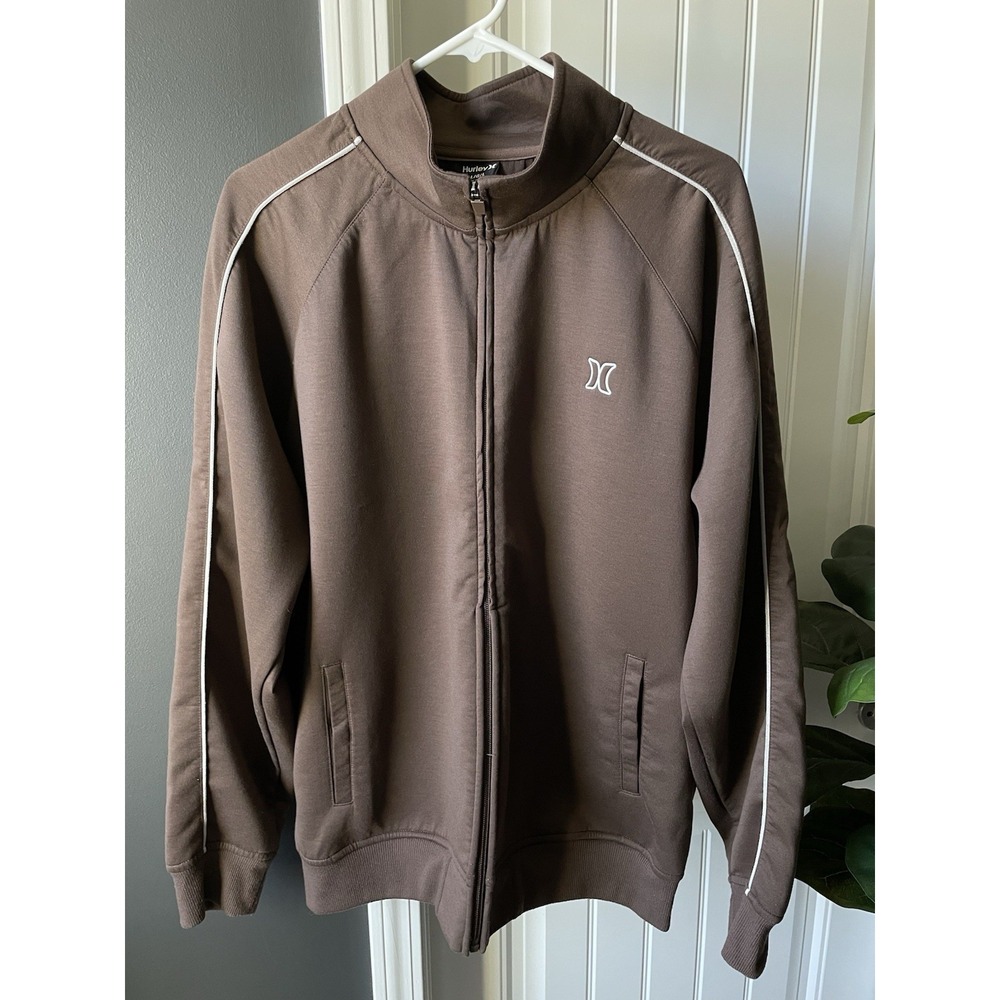 Hurley Brown Full Zip Sweatshirt Track Jacket Men's L Logo Pockets Long Sleeve